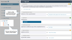 A Side-by-Side section labelled "Sign Off" in the main Form Builder pane view. The Side-by-Side section displays its questions in a two-column layout, and has two questions set to full width.