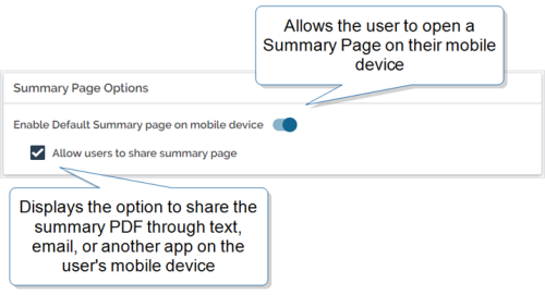 The Summary Page Options section in the Mobile App Settings in the Form Builder. A user can disable the summary page's share function, or disable the summary page altogether.