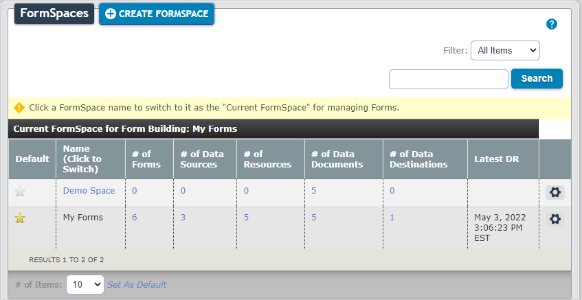 The FormSpace List page displays the contents of each FormSpace you are in. This includes the number of forms, Data Sources and Destinations, Form Resources, and documents.
