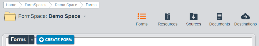 You can navigate to different FormSpace items, such as Form Resources or Data Destinations, with the icons in the upper right of the main FormSpace page.