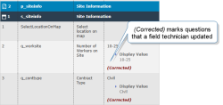 A record with Corrected questions. Questions that have been updated display Corrected in parentheses.