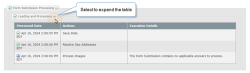 A record's expanded Loading and Processing table. The table shows each step's Processed Date, Actions, and Execution Details.