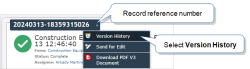 Form submission details for a complete form, showing the option to select the Version History