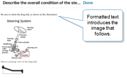 The app displays the question title. In this example, formatted text introduces the image that follows, which is an illustration of the steering system.