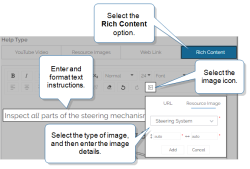 Help Options tab that shows "Provide help to mobile users" toggle on, "Rich Content" option selected, formatted text entered in the rich content editor, and the image icon selected. Select the type of image, the image file, enter the height and width, and then select "Add".