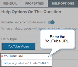 Help Options tab with YouTube Video selected and a URL entered.