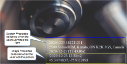 The data stamp shows System Properties collected when the user submitted the form, and Image Properties collected when the user took the picture.