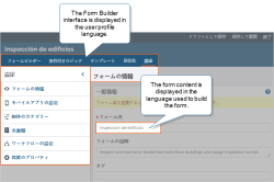 Form Builder "Settings" page that shows menus and field labels displayed in Japanese, and form content displayed in Spanish and English, because that's what the form designer entered when they built the form.