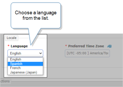 "Locale" section that shows a "Language" list, including: English, Spanish, French, and Japanese.