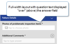 Regular section titled "Failure Details" with the question text "Photos of problematic inspection items" displayed full-width "over" (above) the answer field, which also displays full-width