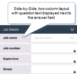 Side-by-Side section titled "Job Details" with question text "Job name" displayed next to a dropdown answer field