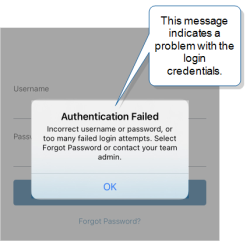 Mobile app login page with a message that says "Authentication Failed: Incorrect username or password, or too many failed login attempts. Select Forgot Password or contact your team admin."