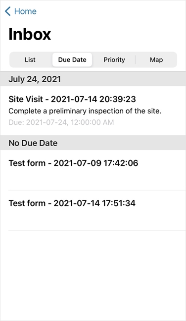 The Due Date view of the iOS app inbox
