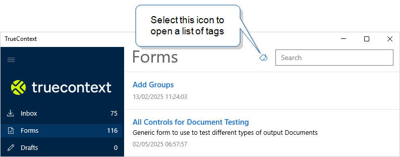 On Windows, list of forms that shows the form tag filter icon at the top right.