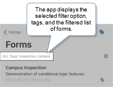 The app displays the filter options "ALL Tags: inspection, campus" and lists only forms that match both the "campus" and "inspection" tags.
