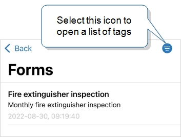 On iOS, list of forms that shows the form tag icon at the top right.
