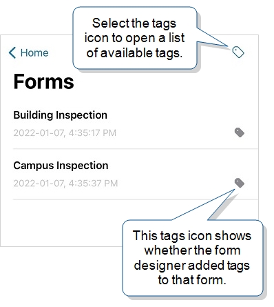 Select the tags icon to open a list of tags you can select to filter the list of forms.