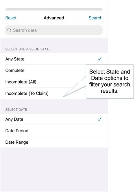The Advanced search shows options to search by state or by date.