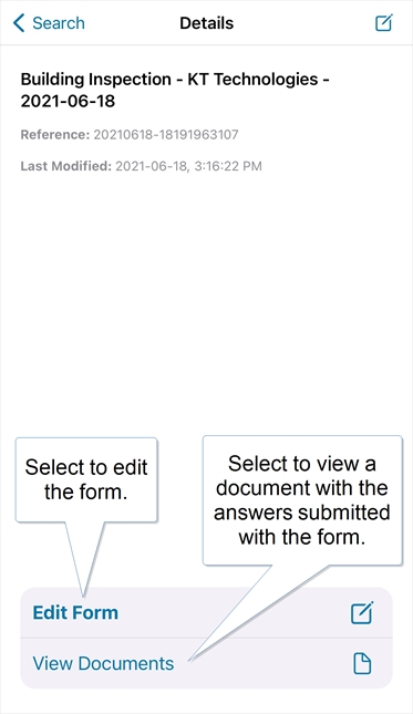 The Form Submission details page shows options to edit the form or view a document with the answers submitted.
