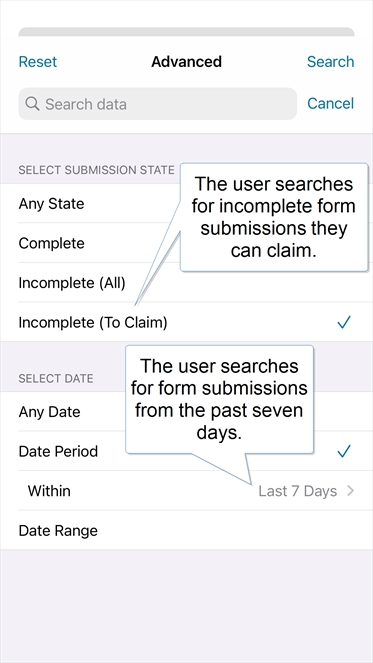 The user searches for form submissions with the state Incomplete (To Claim) from the past seven days.