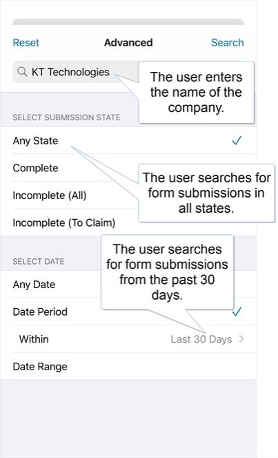 The user searches for forms submissions with the company name in the form submission name in any state and from the past 30 days.