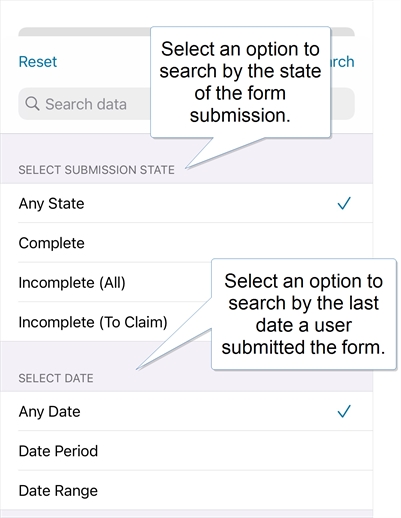 The Advanced search includes options to search by form submission state and the date the form was submitted.