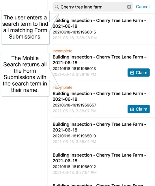 The user enters the search terms "Cherry tree lane". The Mobile Search returns all the Form Submissions with a name that matches the search terms.