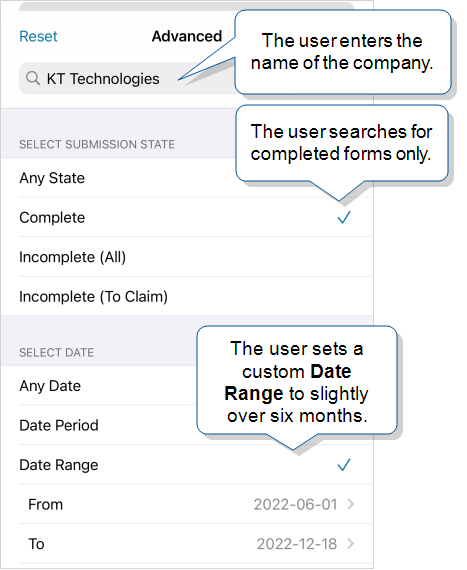 The user enters the search term "KT Technologies", selects the Complete State, and selects a custom Date Range that spans over six months.