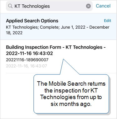Search results that show "Building Inspection Form - KT Technologies - 2022-11-16 16:43:02", which is within the date range.
