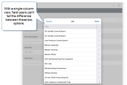 Dropdown list of options that shows two items with the same description "Air Handler Control Board". Field users can't tell the difference between these two options.