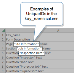 key_name column that shows the UniqueIDs "Site Information", "Job Information", and "Inspection Date" for a page, section, and question.