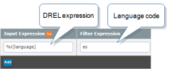 Data Destination filter "Input Expression" entered as "%r[language]" and "Filter Expression" entered as "es" language code.