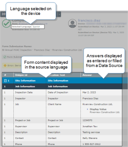 Form submission details in the Web Portal, which shows the language selected on the device (Spanish), the form content displayed in the source language (English), and the answers displayed as entered or filled by a Data Source (English, in this example).