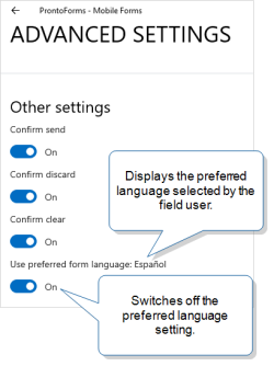 Preferred Form Language settings on Windows, with the "Use Preferred Form Language" option selected, and Espanol as the selected language.