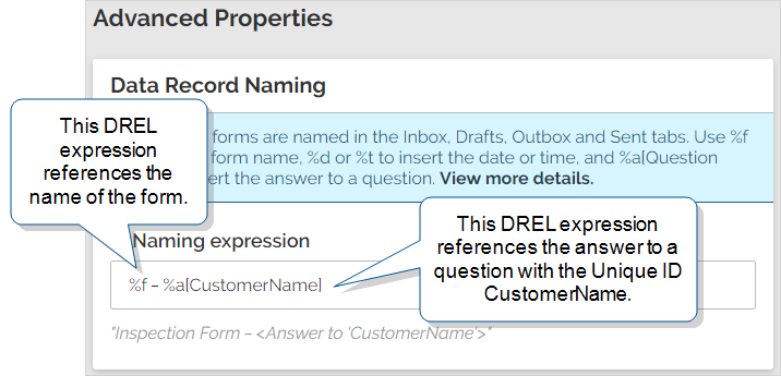 Submitted forms named with the name of the form and the answer to a question with the Unique ID CustomerName
