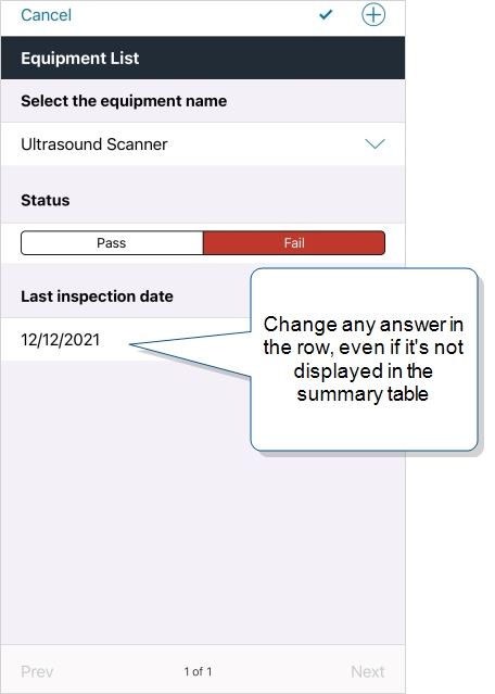 iOS device that shows three questions from a repeatable row, with the third question "Last Inspection Date" that isn't displayed in the summary table