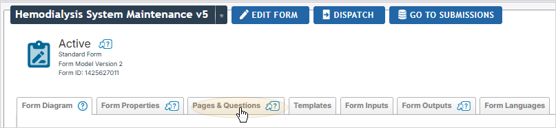 The Pages and Questions tab on a form's page