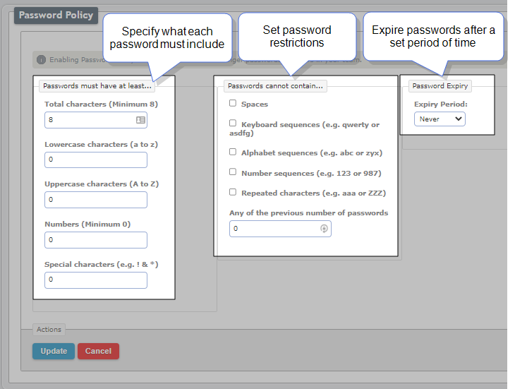 Password policy configuration options. You can set the minimum number of characters, which character combinations the password can't include, and whether the password expires.