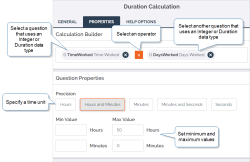 The properties tab of a Duration Calculation question. The Calculation Builder shows an equation of "Time Worked" multiplied by "Days Worked". The question precision is set to hours and minutes, with a maximum value of 50 hours.