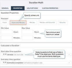 The Properties tab of a Duration Math question. The Precision unit is set to hours and minutes. The Duration Math uses "Job start date" as the start question and "Estimated completion date" as the end question.