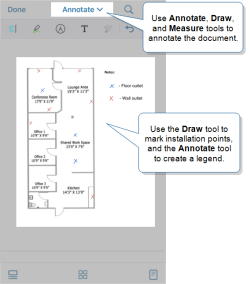 A Form Document opened in a Document Editor question displays an office floorplan. The field user marks with a red "x" for wall outlets and a blue "x" for floor outlets.