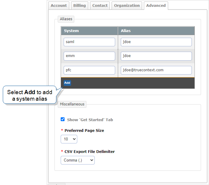 The Advanced tab on the Edit Account page. Three system aliases are configured.