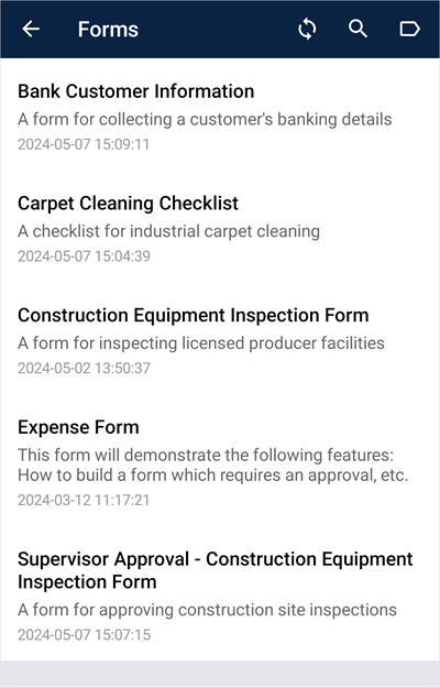 The Forms list in the TrueContext Android app.