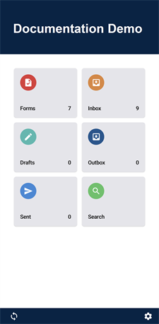 The home page of the Android mobile app that shows six tabs: Forms, Inbox, Drafts, Outbox, Sent, and Search. The banner at the top of page shows the team name "Documentation Demo" as custom branding.