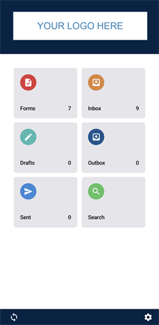 The home page of the Android mobile app that shows six tabs: Forms, Inbox, Drafts, Outbox, Sent, and Search. The banner at the top of page shows an image that says "Your logo here!" for custom branding.
