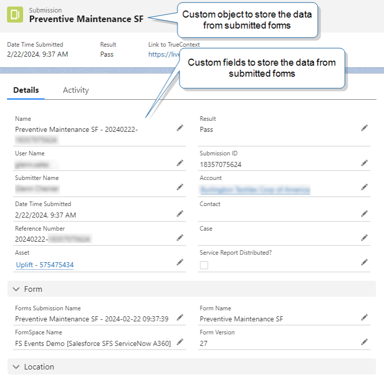 Shows custom fields in a custom Salesforce object configured to store specific form data.