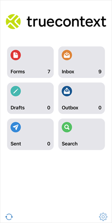 The home page of the iOS mobile app that shows six tabs: Forms, Inbox, Drafts, Outbox, Sent, and Search. The Forms tab shows it currently has seven forms. 