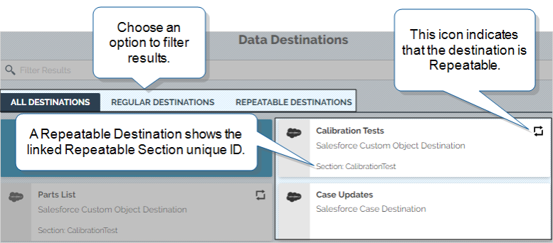 List of "ALL" Data Destinations that shows Calibration Tests with an icon (a square with arrows) that indicates a Repeatable Destination. The Repeatable Destination also shows the linked Repeatable Section unique ID.