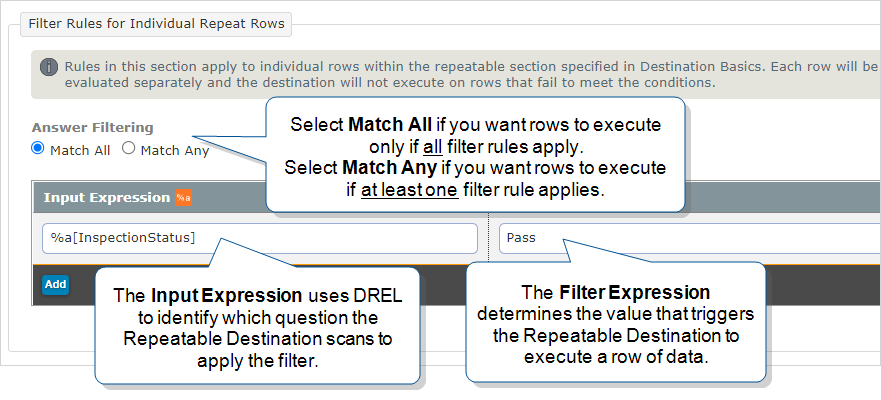 Answer Filtering section that shows the "Match All" option selected, an Input Expression of %a[InspectionStatus] to identify which question the filter checks , and a Field Expression of "Pass" to define the value to match.