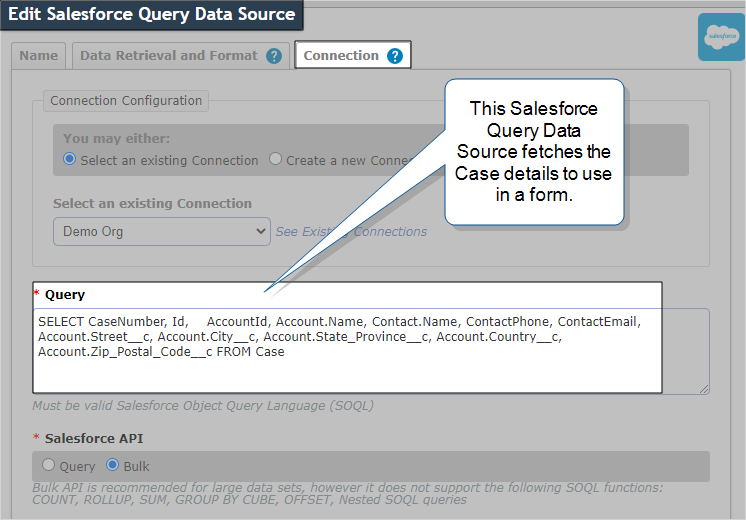 Salesforce Query Data Source, Connection tab, with Query details to get Case information to use in a form